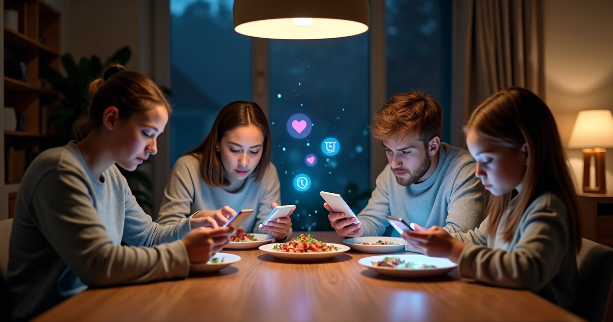 Família em jantar com reflexos luminosos de redes sociais entre eles 