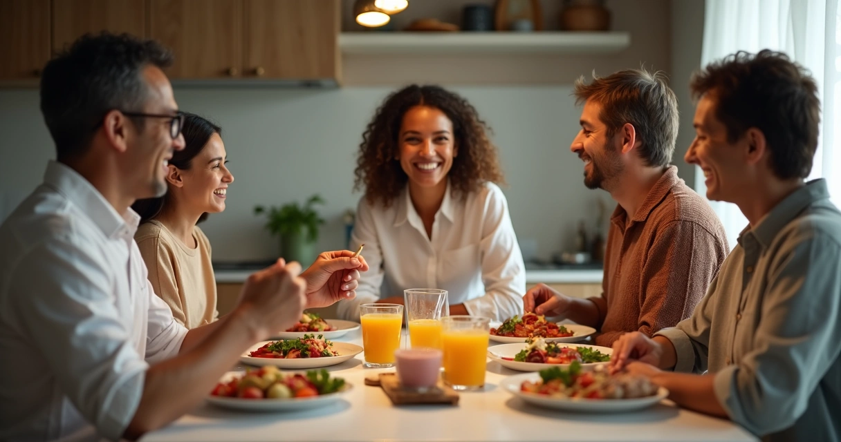 Família sentada à mesa com alimentos ultraprocessados e observação de nutricionista 