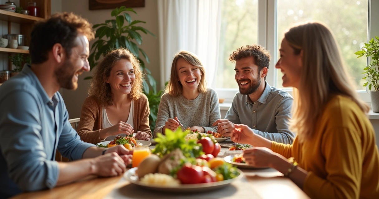 Família reunida apreciando refeição juntos à mesa. 