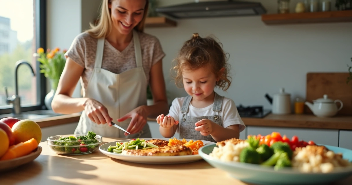 Família preparando refeição saudável com criança 