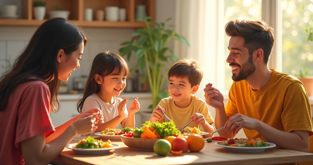 Família sentada junta em volta de uma mesa, fazendo uma refeição colorida e saudável.