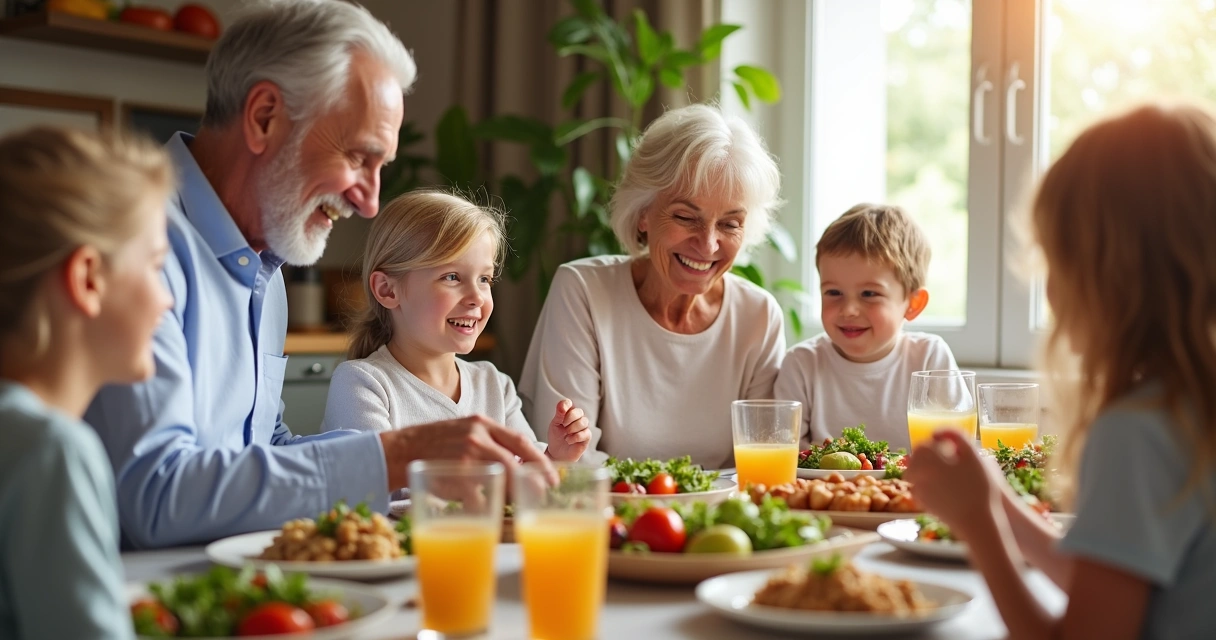 Família reunida à mesa com refeição saudável e variada 