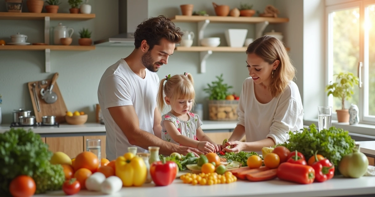Família preparando refeição saudável na cozinha 