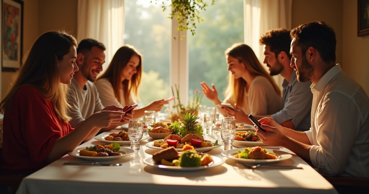 Família reunida para refeição sem celular na mesa 