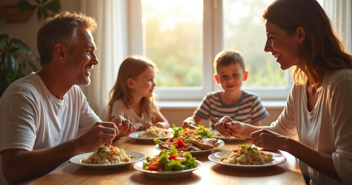 Família à mesa compartilhando refeição colorida sem glúten 