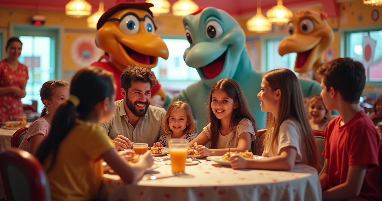 Família em restaurante temático com decoração colorida e personagens próximos à mesa 