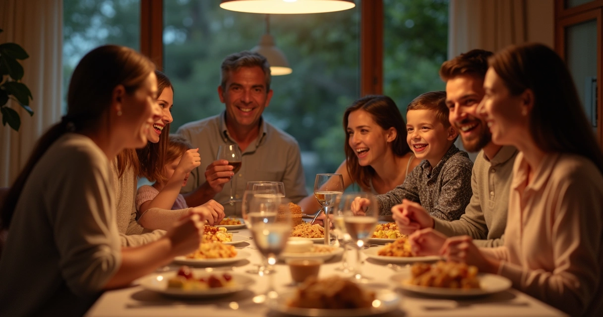 Família reunida sorrindo ao redor de uma mesa de jantar 