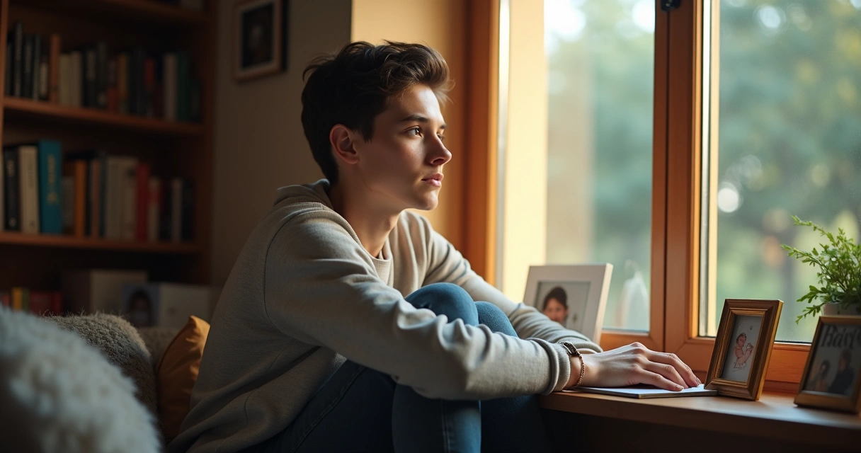 Jovem com expressão de reflexão olhando pela janela, sentado em ambiente doméstico