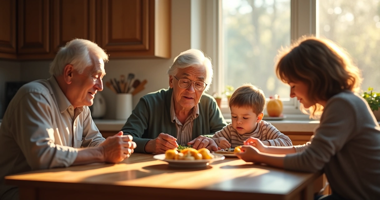 Família conversando e refletindo na cozinha 