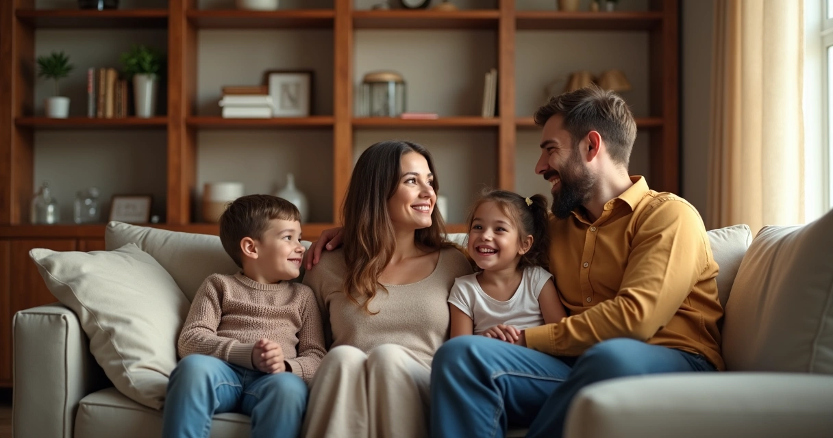 Família reunida em sala de estar, conversando e interagindo. 