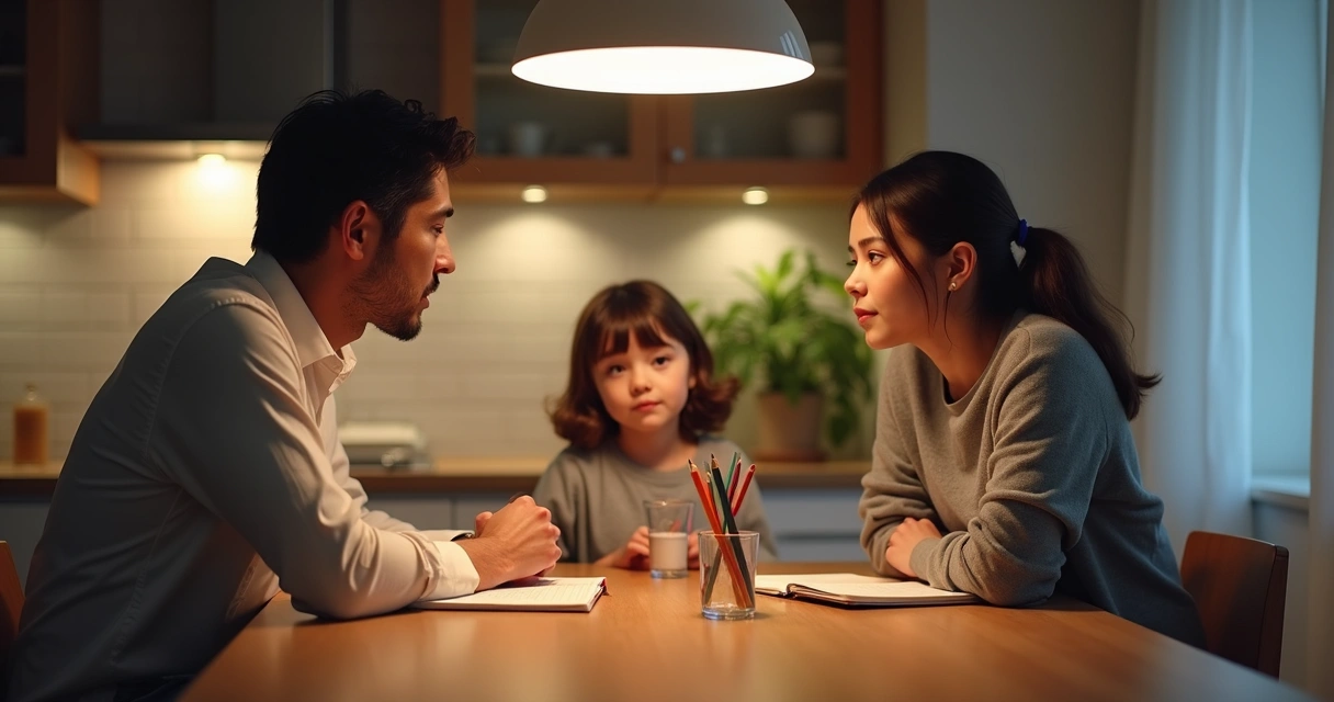 Família reunida na cozinha em momento de reflexão 