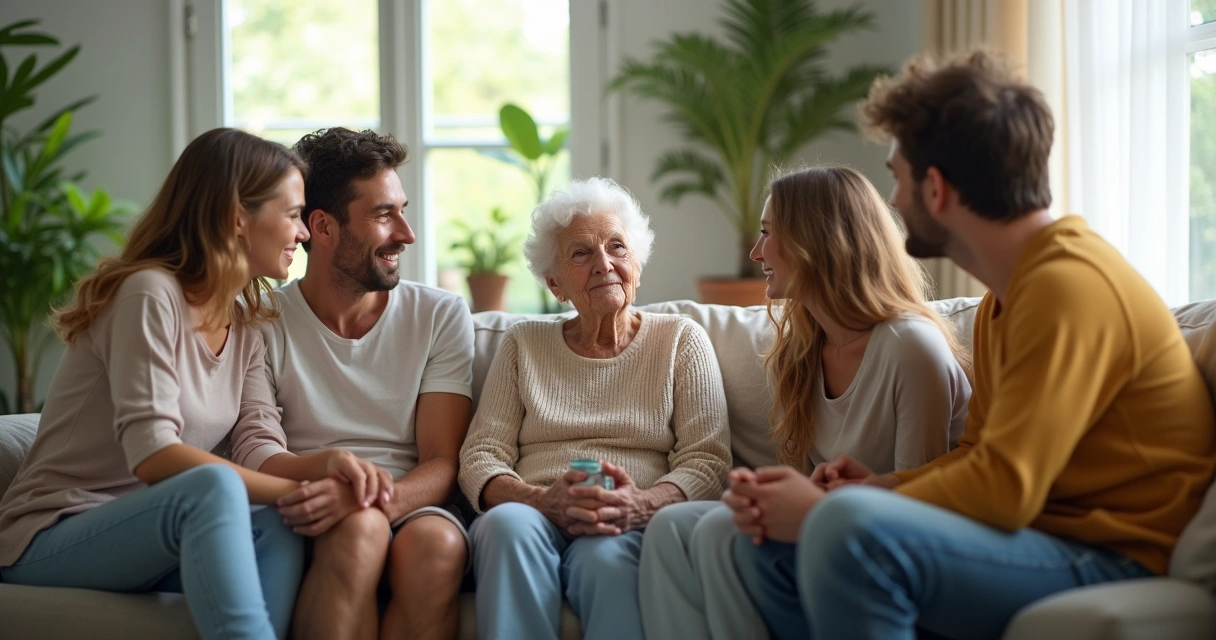 Família reunida conversando de forma acolhedora em sala confortável 