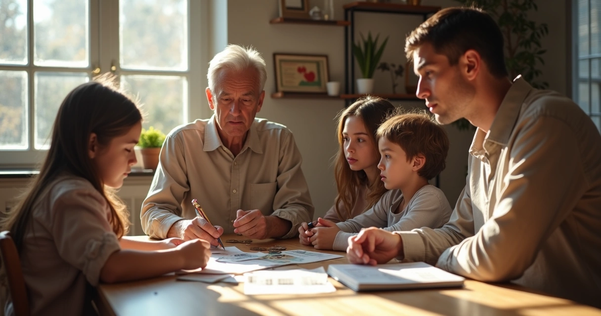 Família sentada à mesa, conversando e refletindo sobre dinheiro e decisões financeiras. 