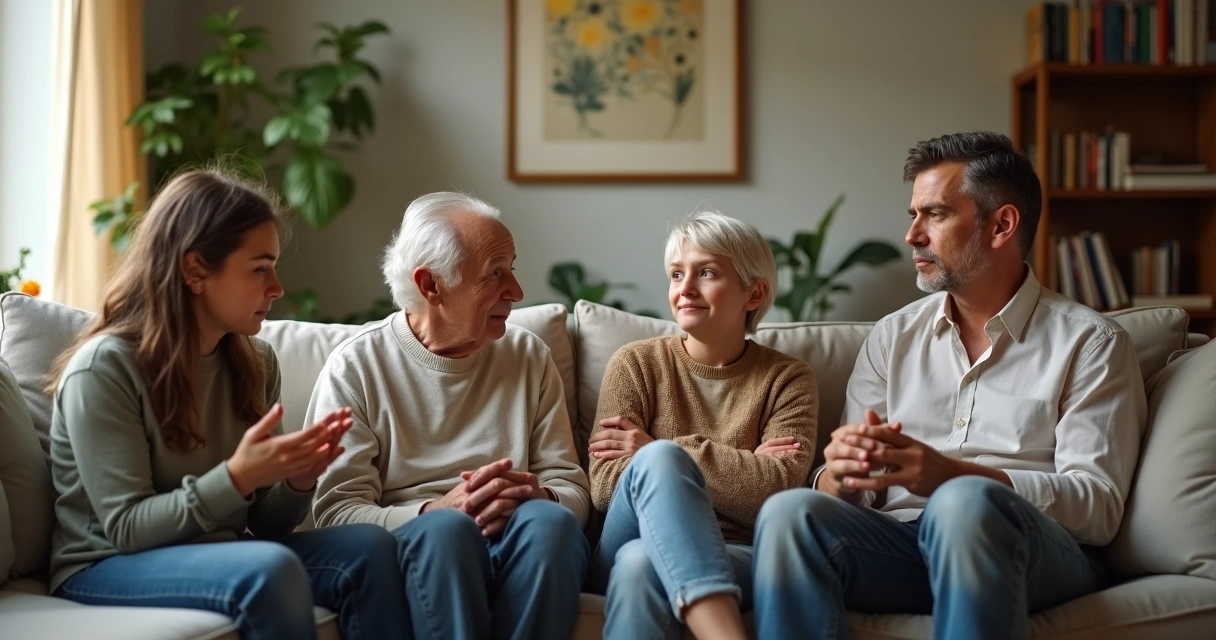 Família sentada no sofá em clima de conversa séria e reflexiva 