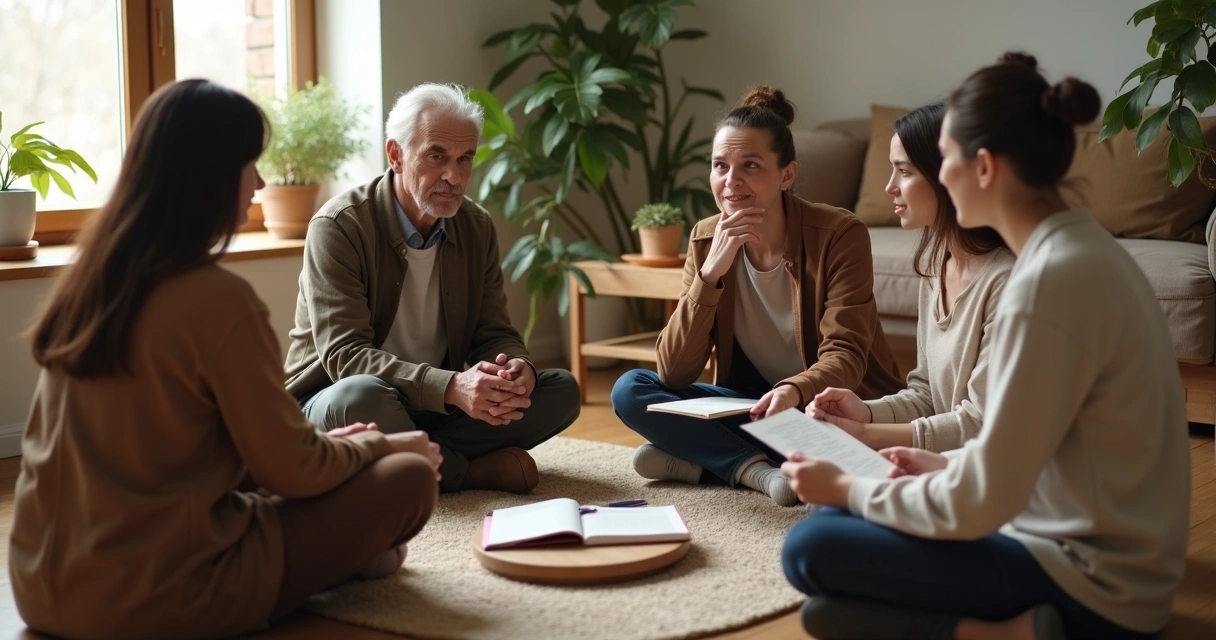 Família sentada em círculo em sala de estar aconchegante em momento de reflexão conjunta 