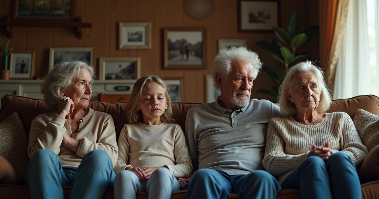 Familia sentada seria en casa, reflexionando.