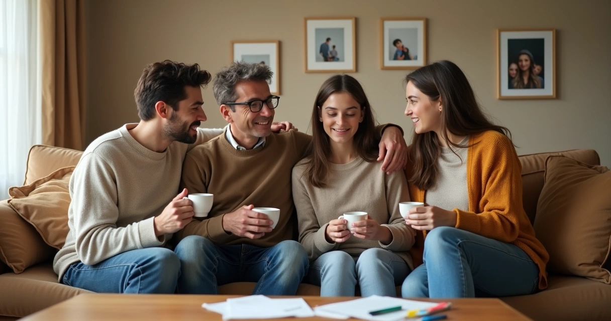 Familia sentada junta en el salón conversando. 