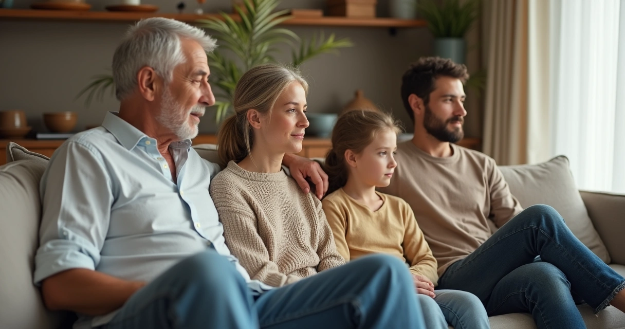 Família reunida no sofá, cada um pensativo, em clima sereno 