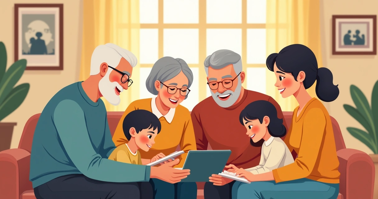 Família reunida em casa compartilhando histórias e memórias em ambiente acolhedor 