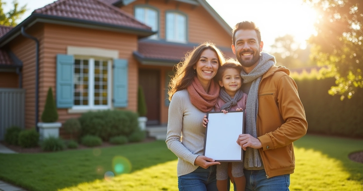 Família feliz na frente de imóvel regularizado por usucapião