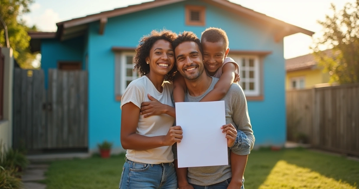 Família comemorando em frente a casa com documento de registro de imóvel