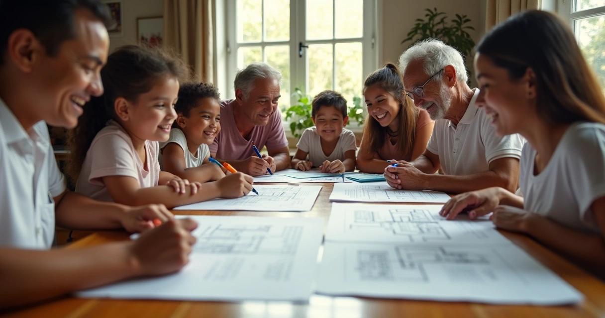 Família reunida organizando documentos de imóvel 