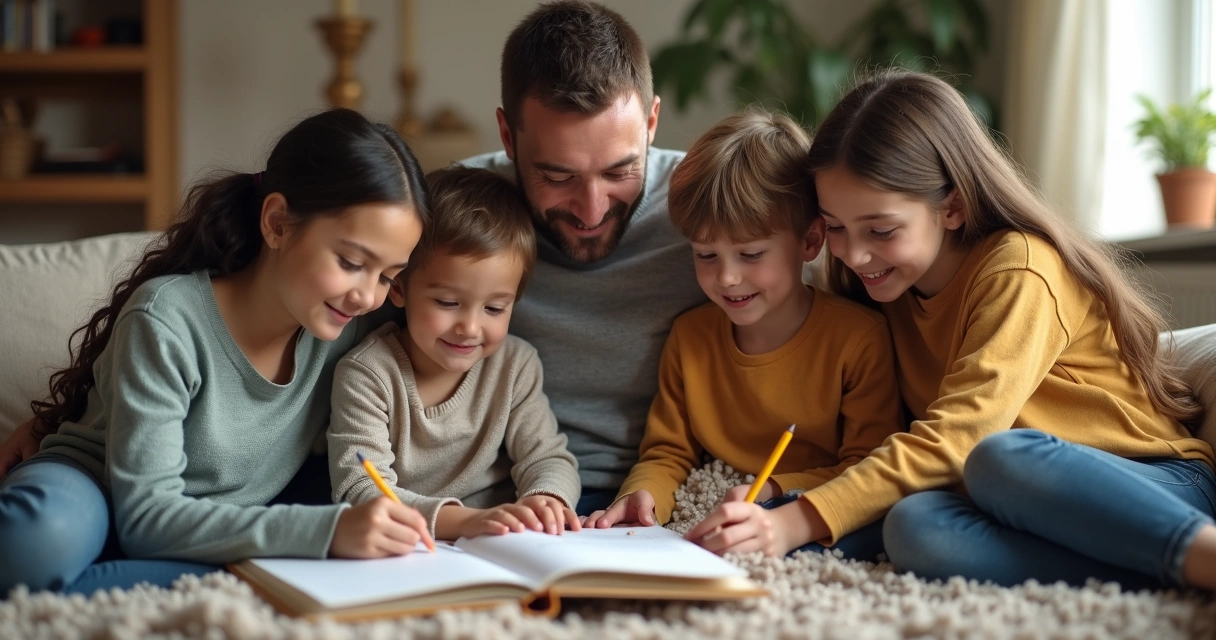 Familia sentada junta en sala tranquila, compartiendo actividad, rostros atentos y sonrientes 