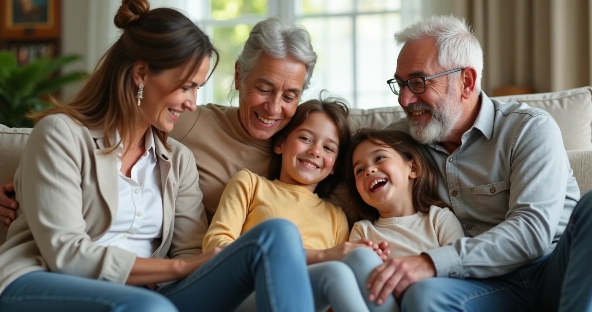 Família sorrindo sentados em sofá, mostrando união e proximidade