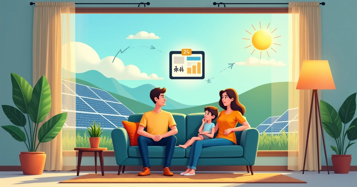 Família relaxando em sala iluminada com ícones de energia solar por assinatura 