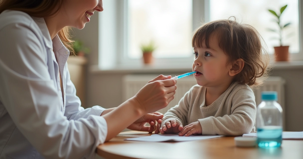 Responsável administrando medicamento infantil com seringa dosadora