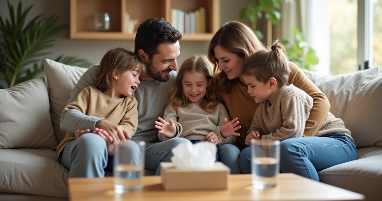 Padres y dos hijos hablando en el sofá reparando un conflicto familiar 