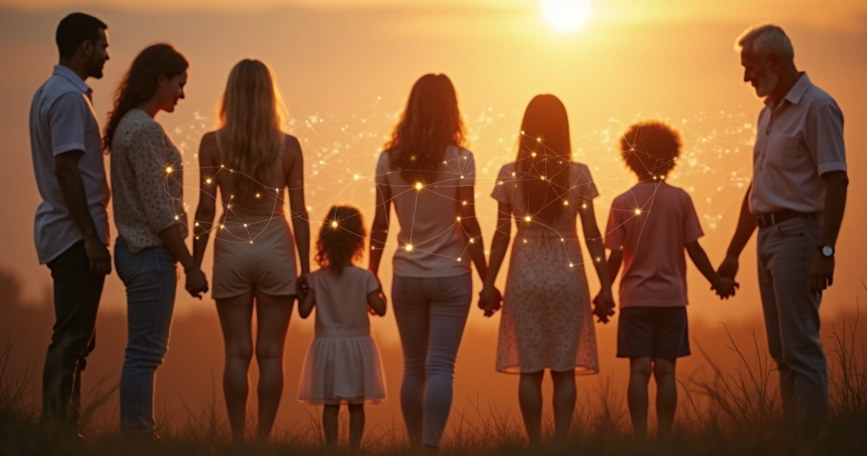 Representação visual de pessoas conectadas por linhas transparentes. 