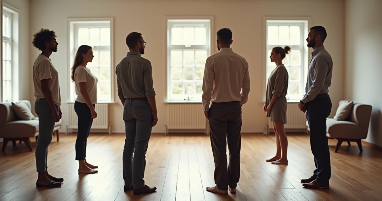 Pessoas em círculo representando membros de uma família durante atividade de constelação sistêmica. 