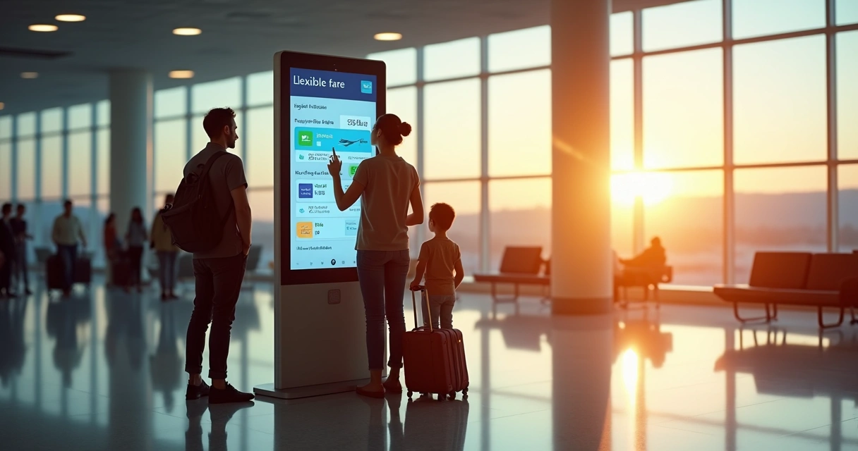 Família escolhendo opções de voo flexíveis em totem interativo no saguão de aeroporto 