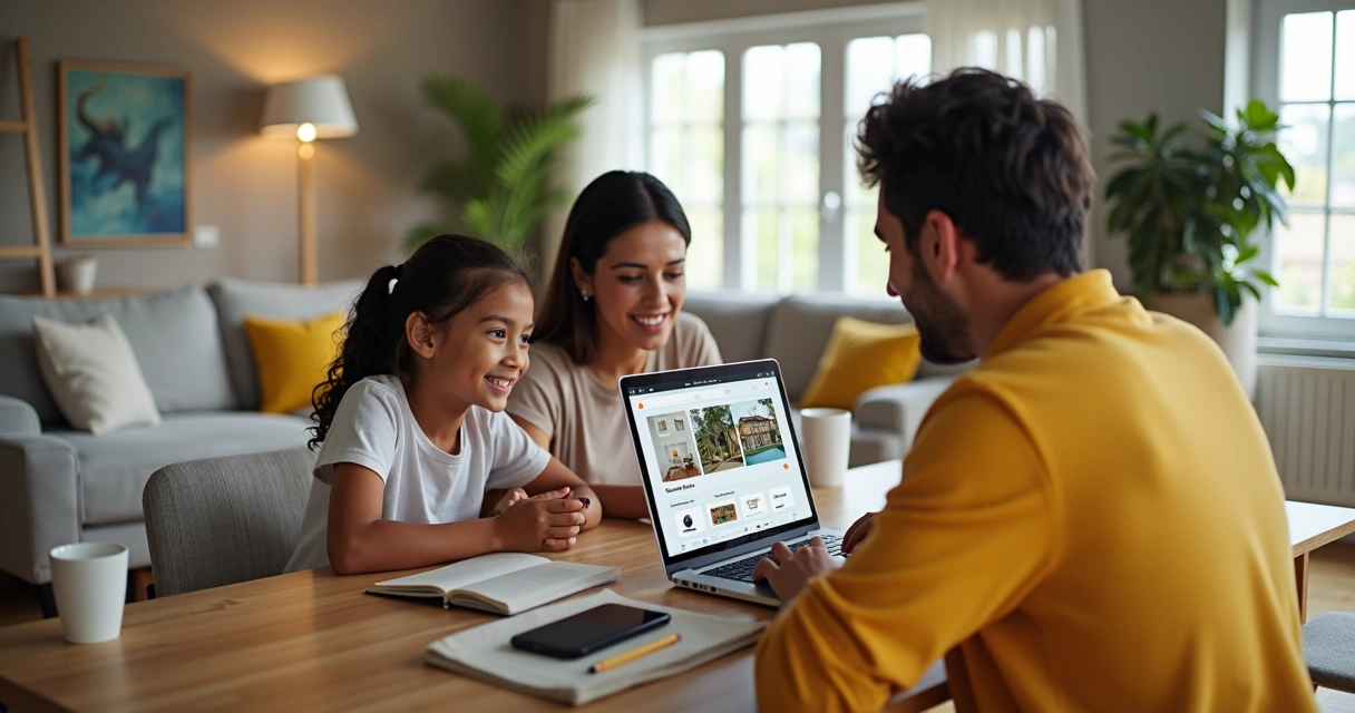 Família usando notebook para reservar aluguel por temporada em casa aconchegante 