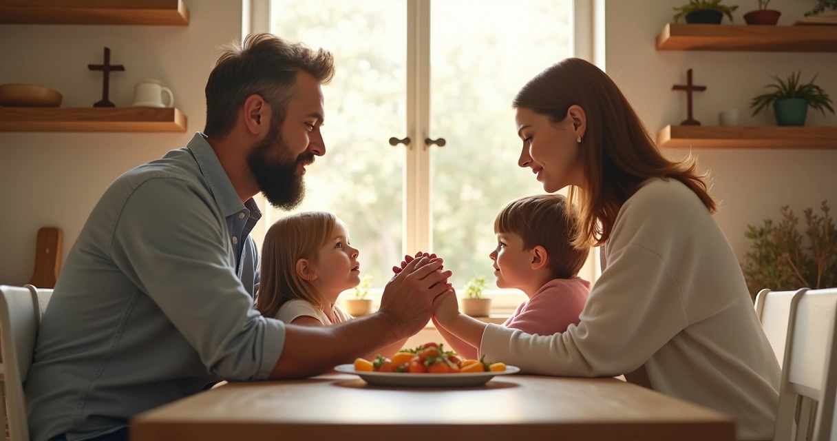 Família cristã orando junta ao redor da mesa, transmitindo união, fé e resiliência 