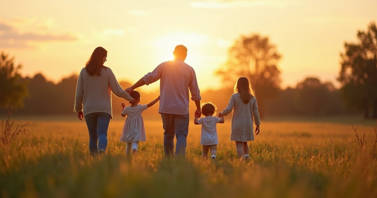 Tres generaciones de una familia unidas de la mano caminando al atardecer 