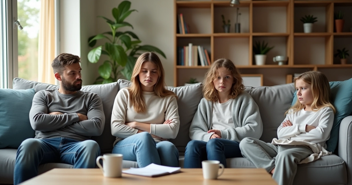 Familia sentada en el salón mostrando tensión ante una conversación difícil 