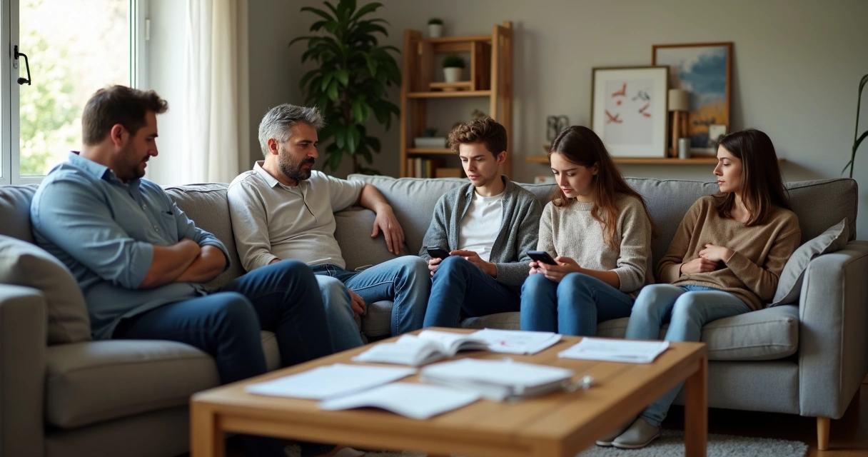 Família sentada no sofá com expressões de distância e resistência à conversa 