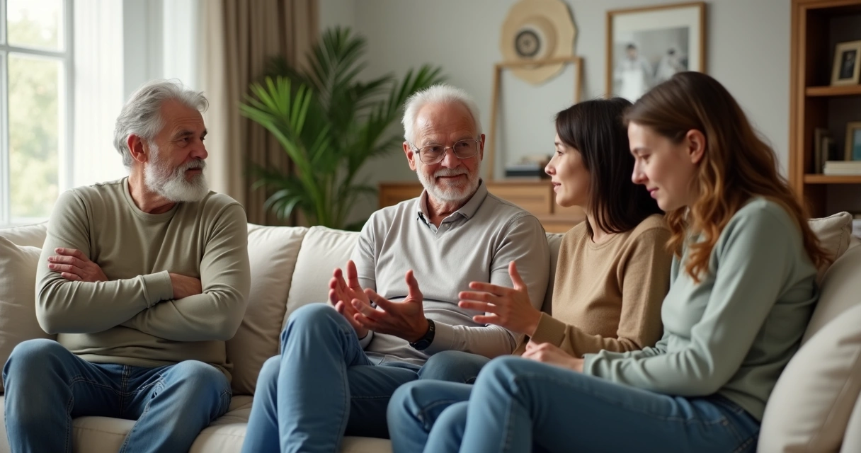 Família sentada no sofá discutindo mudança com clima tenso porém acolhedor 