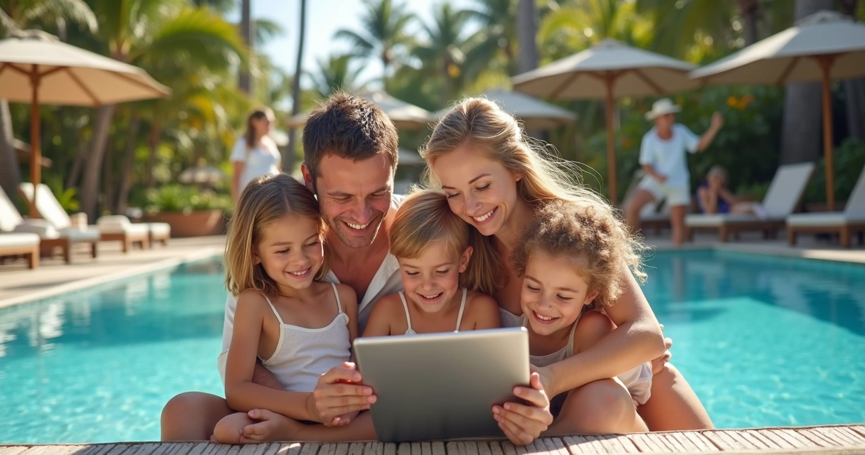 Família em piscina de resort respondendo pesquisa digital