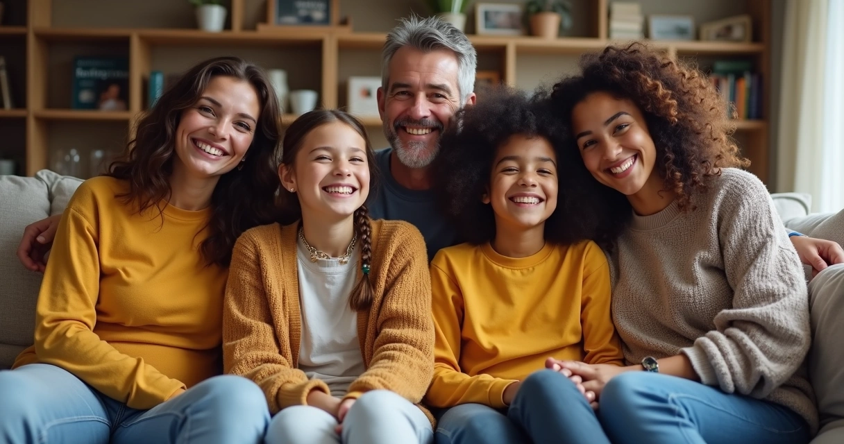 Família reunida sorrindo com membros de diferentes estilos 