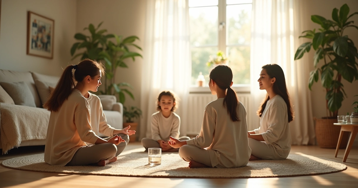 Familia sentada en la sala haciendo una pausa de respiración