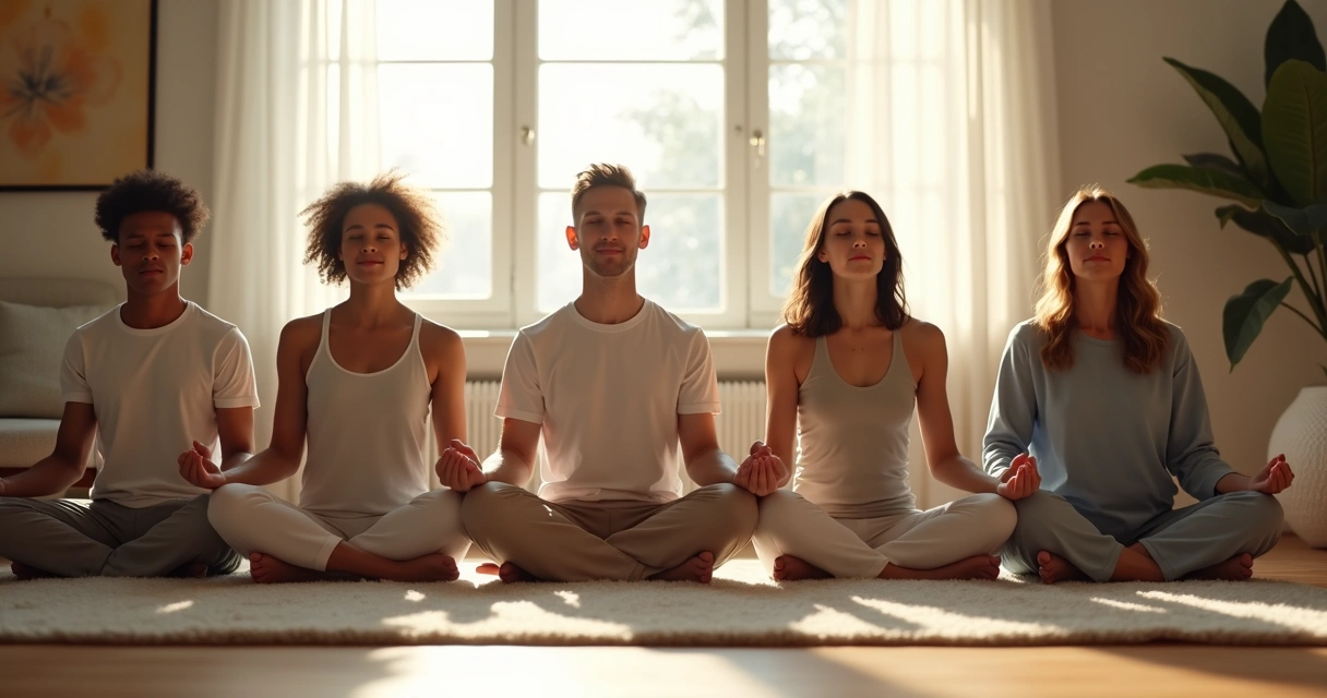 Família sentada unida praticando respiração profunda na sala 