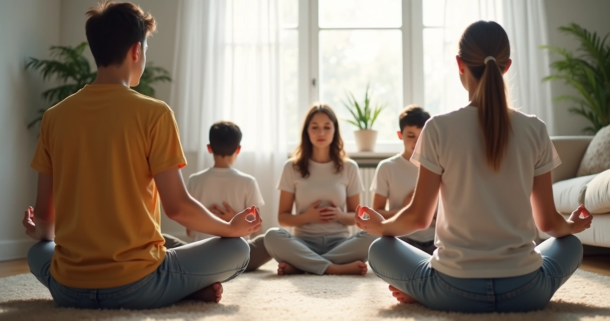 Familia sentada junta practicando ejercicios de respiración 