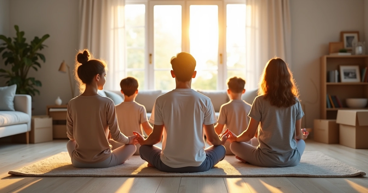 Familia haciendo ejercicio de respiración juntos en la sala de estar 