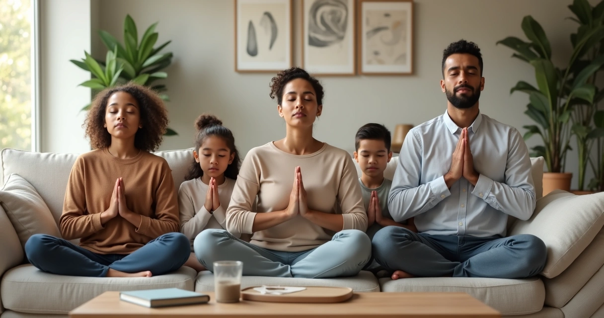 Familia sentada en el sofá practicando respiración consciente juntos 
