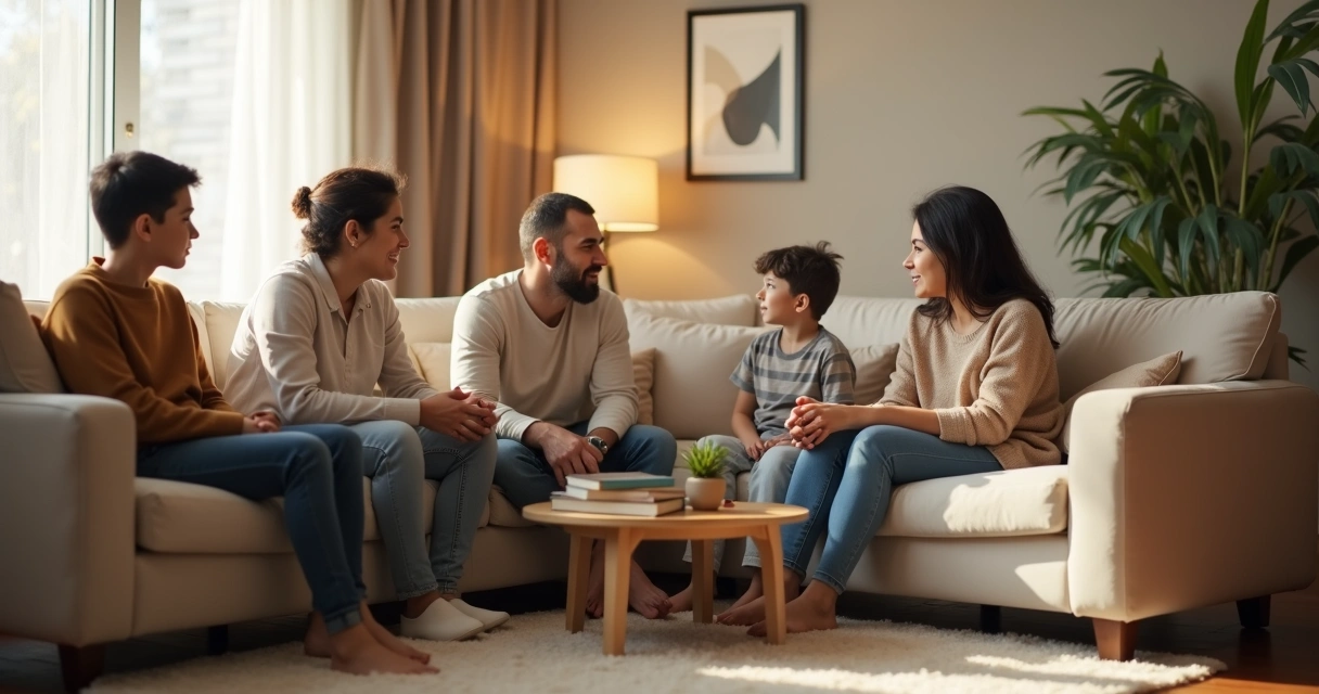 Familia sentada en círculo conversando con calma en la sala de estar 
