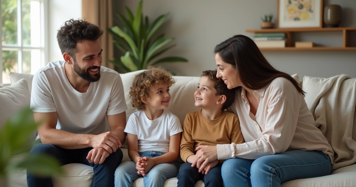 Família sentada no sofá conversando com atenção e cuidado 