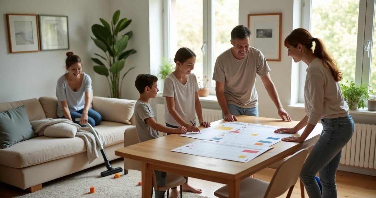 Família dividindo tarefas domésticas na sala de casa 